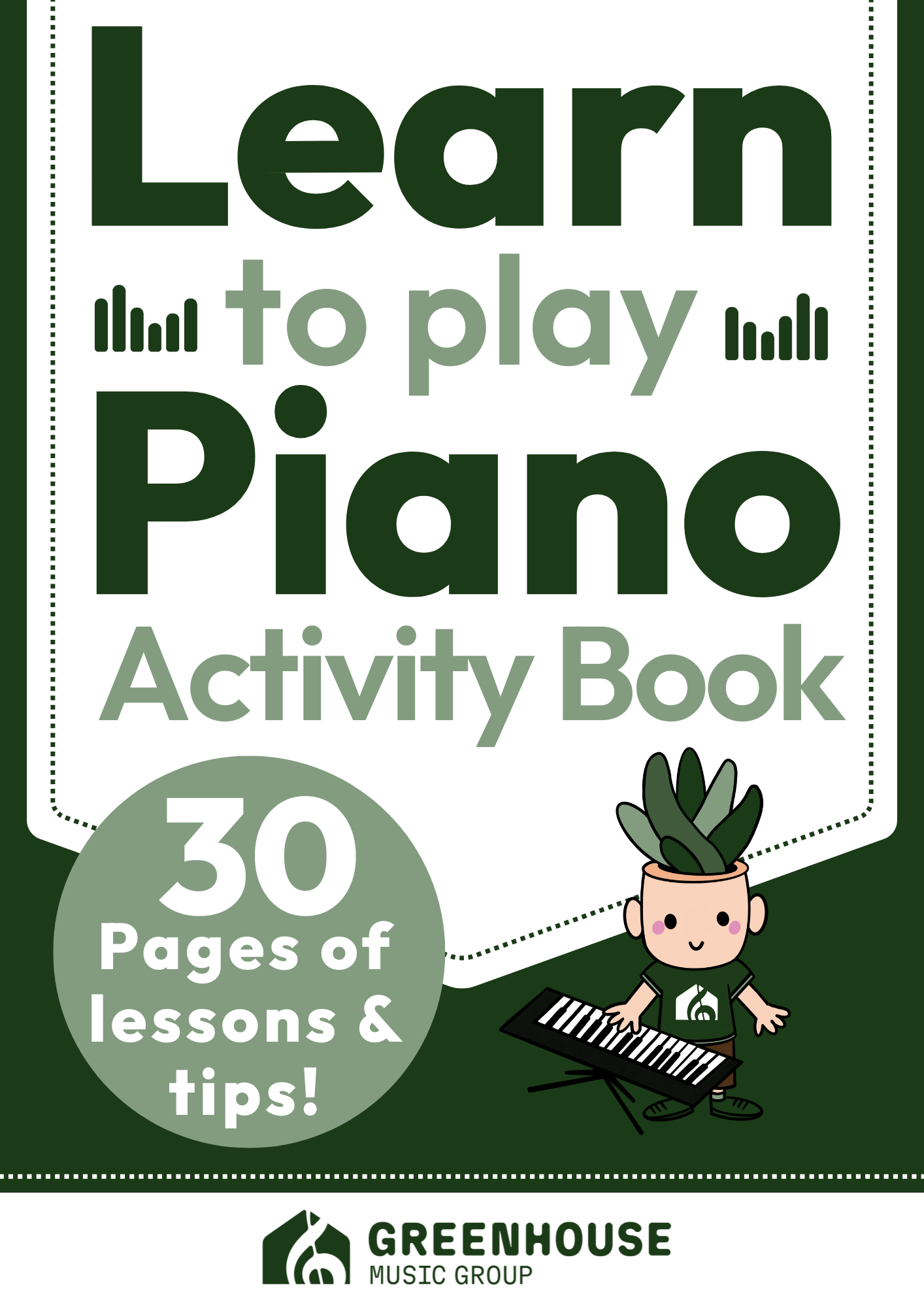 Piano activity book cover with a cartoon character playing piano, text 'Learn to play Piano Activity Book' and 'Greenhouse Music Group' logo.